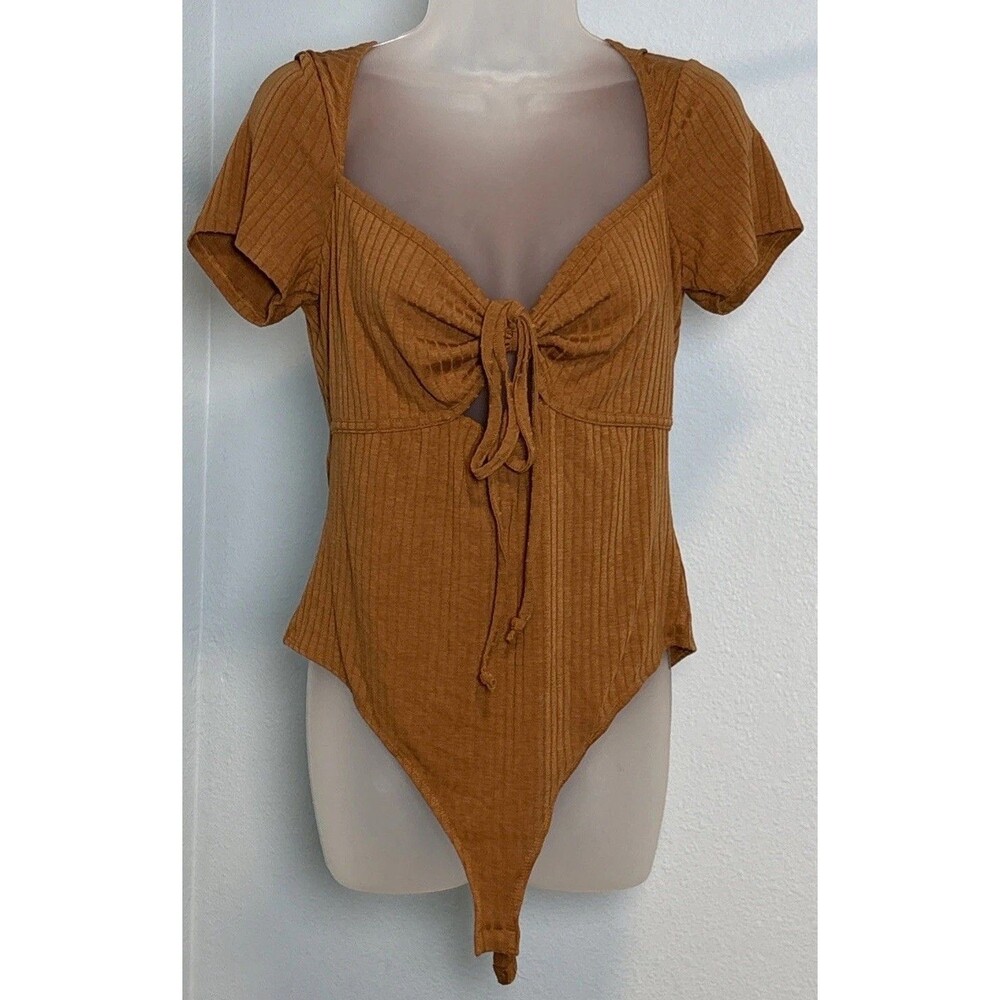 Wild Fable Large Ribbed Bodysuit Brown  Short Sleeve Snap Closure‎ Tie Sexy New